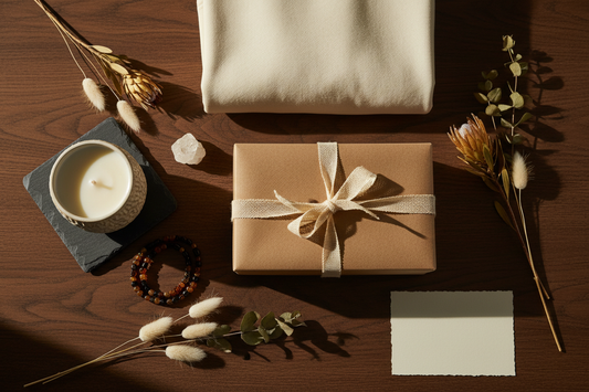 A warm, airy boutique interior with natural light, a tropical plant, and a white bench styled with a cream sweatshirt, soy candle, gemstone bracelet and crystal — thoughtful Mother's Day gift ideas for mom or wife from Best Life Apparel.