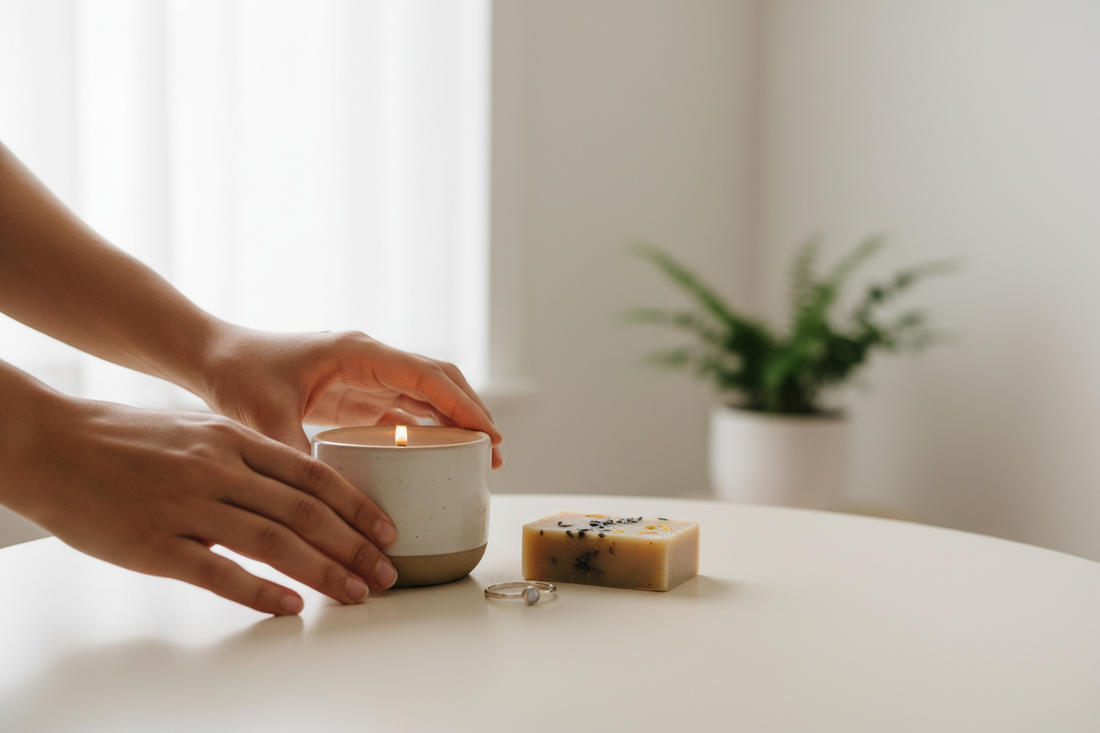 Woman's hands arranging artisan wellness products including a handmade candle, soap, and silver jewelry on a cream surface