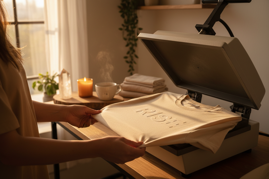 Founder of Best Life Apparel hand-pressing an inspirational t-shirt in her Alberta studio — where every piece is made to order with intention