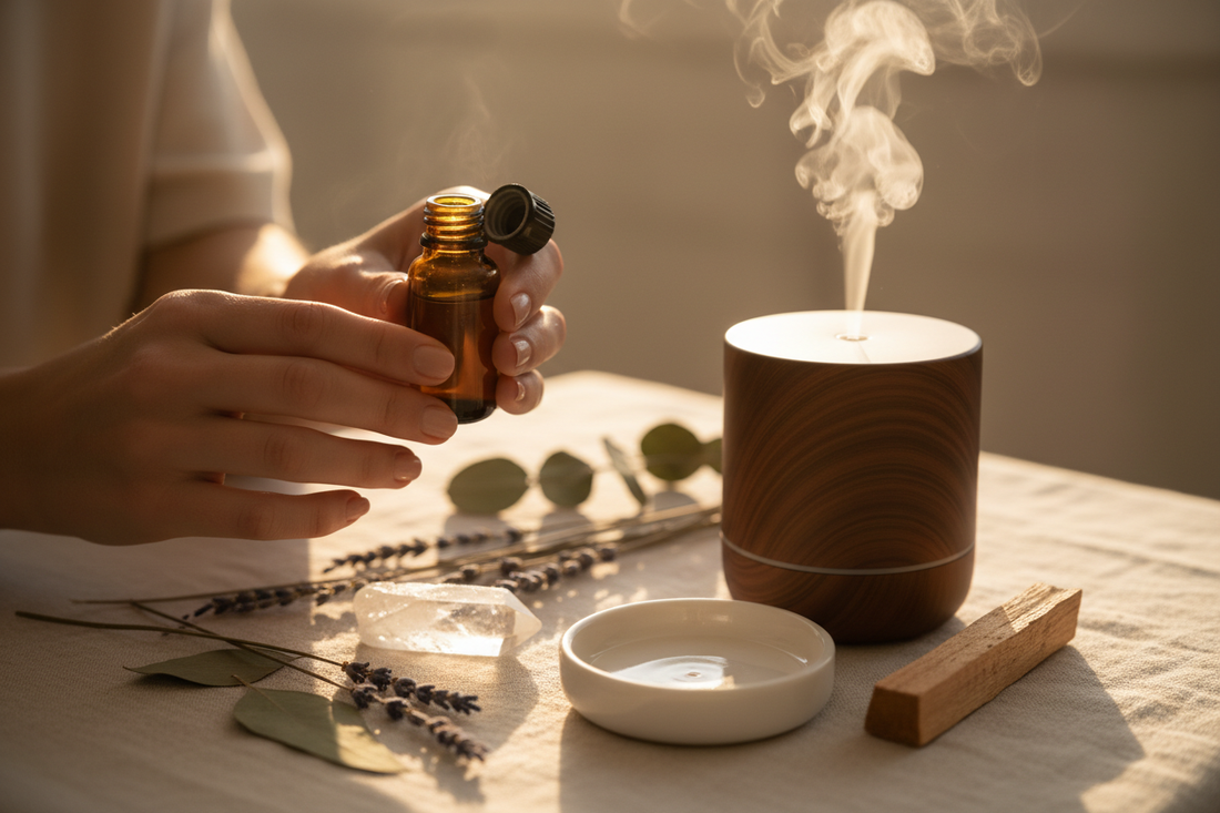 Woman holding an amber essential oil bottle beside a diffuser and dried botanicals — aromatherapy and essential oils for calm, focus, and wellness