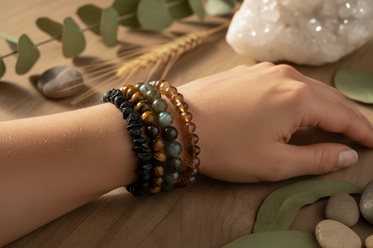 Stacked earthy healing crystal bracelets featuring tiger's eye, black tourmaline, labradorite, and smoky quartz on a wrist resting on linen with dried botanicals in warm golden lighting