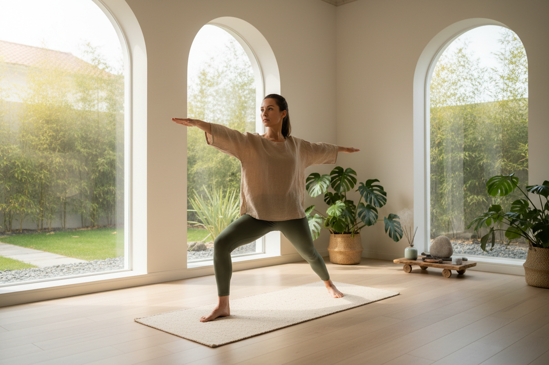 Woman practicing yoga in a serene natural setting — mindful movement and wellness yoga lifestyle