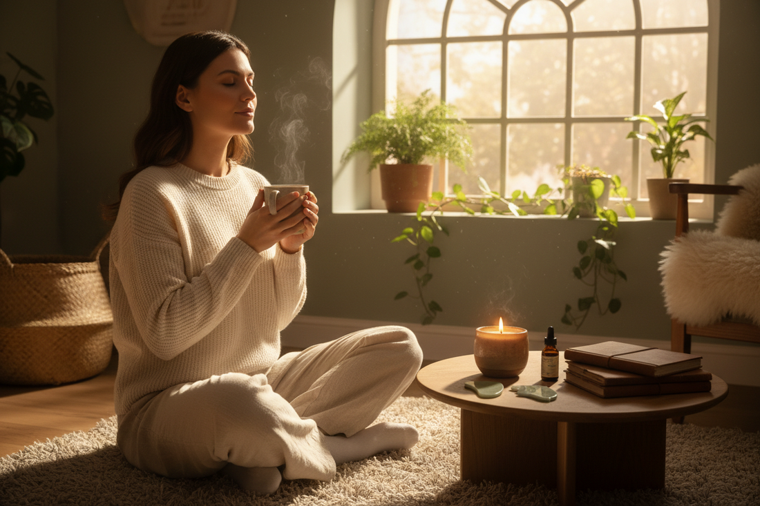 Woman enjoying a peaceful morning self-care ritual with tea and a candle by a sunlit window — intentional wellness morning routine
