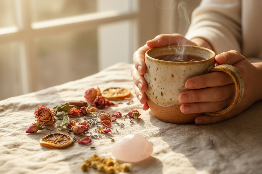 Woman holding a ceramic mug of herbal tea surrounded by dried botanicals and crystals — herbal tea for heart health and digestive wellness