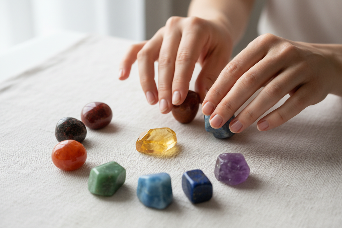 Woman's hands cradling colourful chakra healing crystals on linen — red jasper, carnelian, citrine, rose quartz, aquamarine, amethyst, and clear quartz crystal collection
