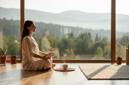 Person meditating in morning light with a cup of herbal tea — mindfulness and meditation practice
