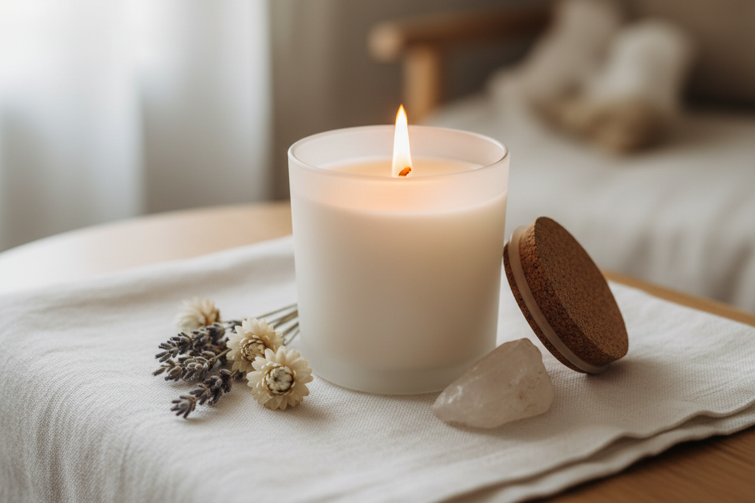 Artisan soy wax candle burning softly on linen with dried botanicals and a crystal — handmade wellness ritual candle