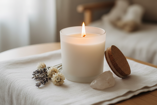 Artisan soy wax candle burning softly on linen with dried botanicals and a crystal — handmade wellness ritual candle