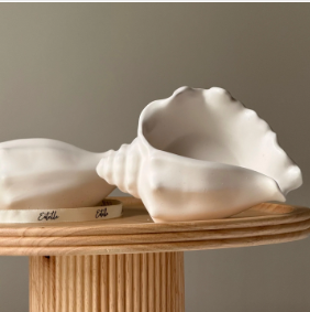 Handcrafted white ceramic shell sculptures displayed on a round wooden pedestal table — artisan home decor accents for coastal and minimalist interiors