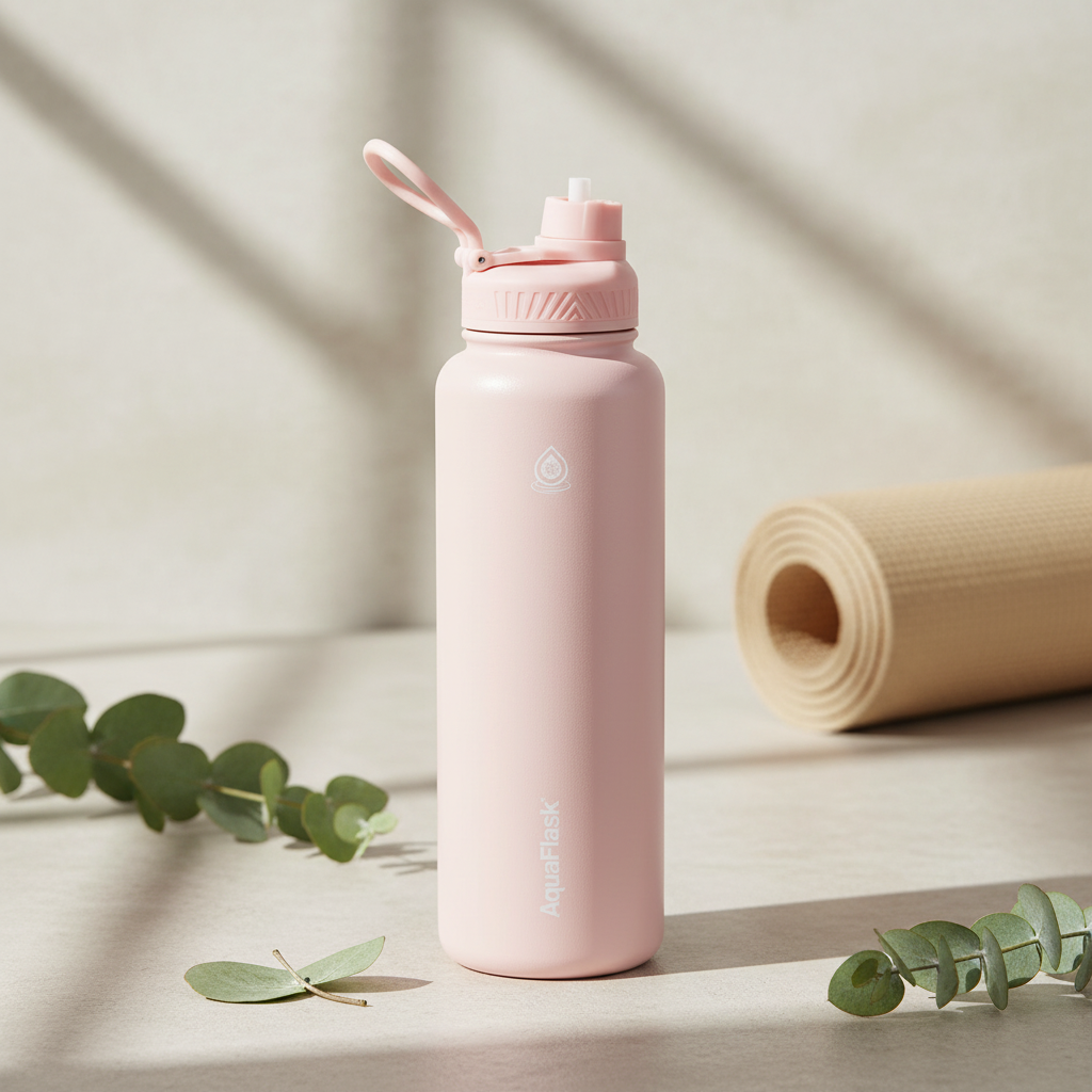 AquaFlask 40oz insulated water bottle in ballet pink, styled with eucalyptus and yoga mat for a wellness lifestyle