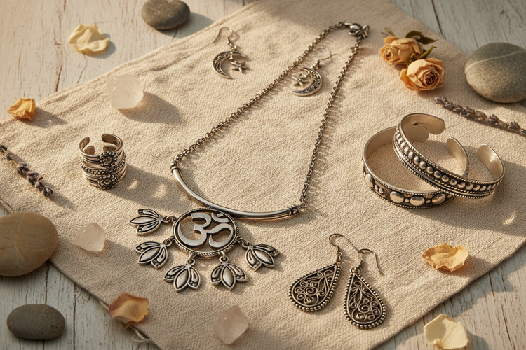 Handcrafted Balinese silver jewelry collection with Om symbol necklace, lotus earrings, ornate cuff bracelets, and rings on natural linen with rose petals and stones