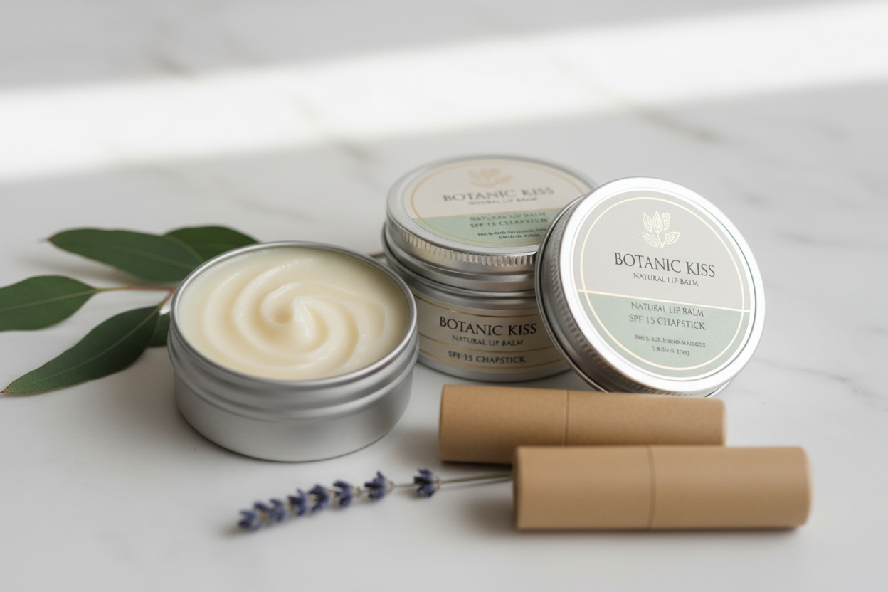 Natural lip balm tins and chapstick tubes with open tin showing creamy balm, arranged with botanical elements on spa background