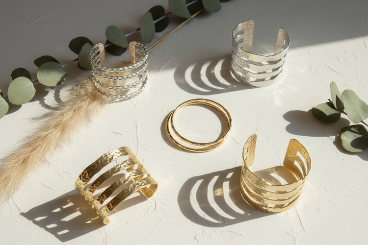 Artisan bangles and cuff bracelets on white marble — gold multi-wire cuff, silver braided cuff, stacked hammered gold bangles, wide hammered gold cuff, silver multi-bar cuff, silver zigzag statement cuff — boho cuff bracelets for women