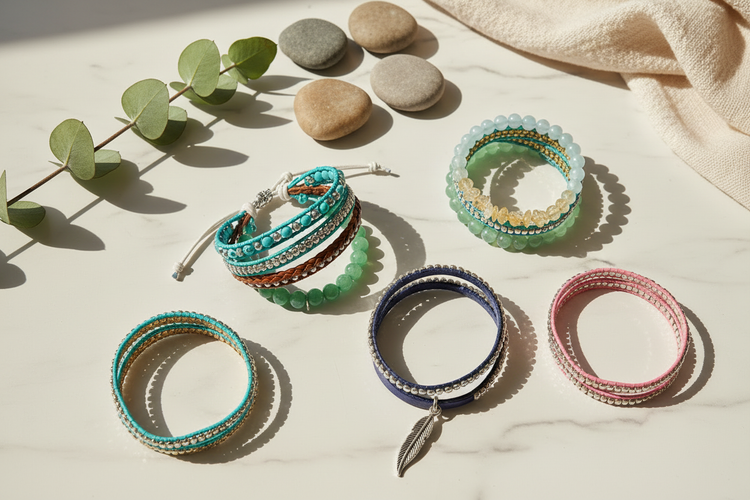 Boho beaded bracelets on white marble — turquoise wrap bracelet, green aventurine stretch bracelet, navy double wrap with charm, colorful single wrap bracelets, stacked gemstone bracelets — artisan jewelry for women