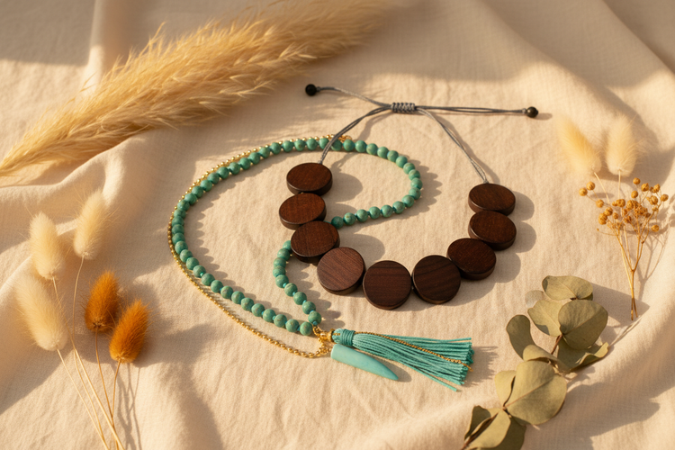 Handcrafted boho beaded necklaces — turquoise mala necklace with tassel pendant and chunky wood disc statement necklace, artisan gemstone jewelry for mindful living