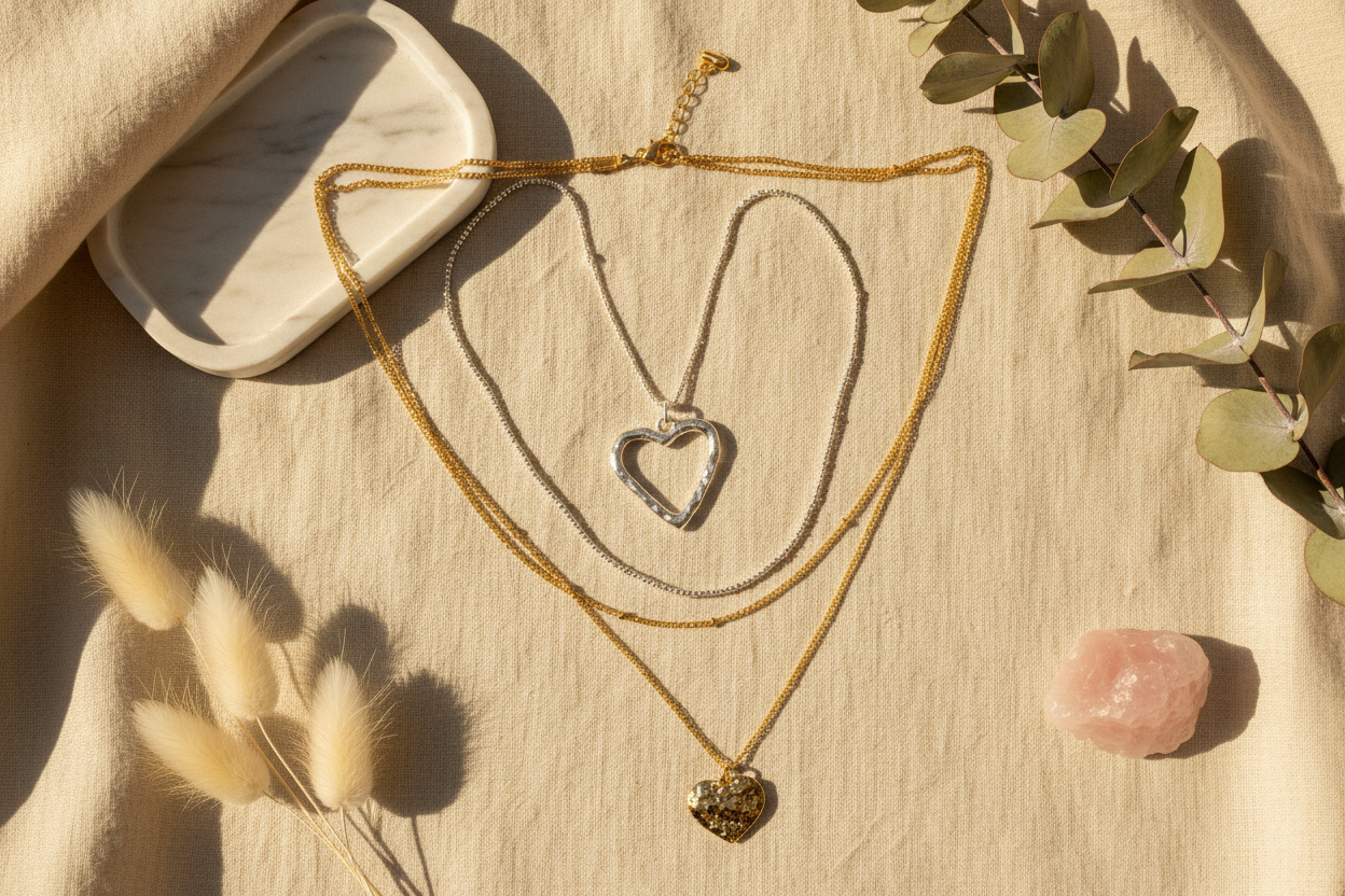 Gold and silver chain necklaces — layered gold heart pendant necklace, silver beaded chain with open heart charm, and chunky link statement necklace — artisan chain jewelry for women