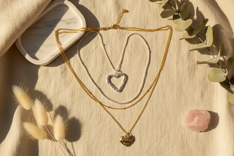 Gold and silver chain necklaces — layered gold heart pendant necklace, silver beaded chain with open heart charm, and chunky link statement necklace — artisan chain jewelry for women