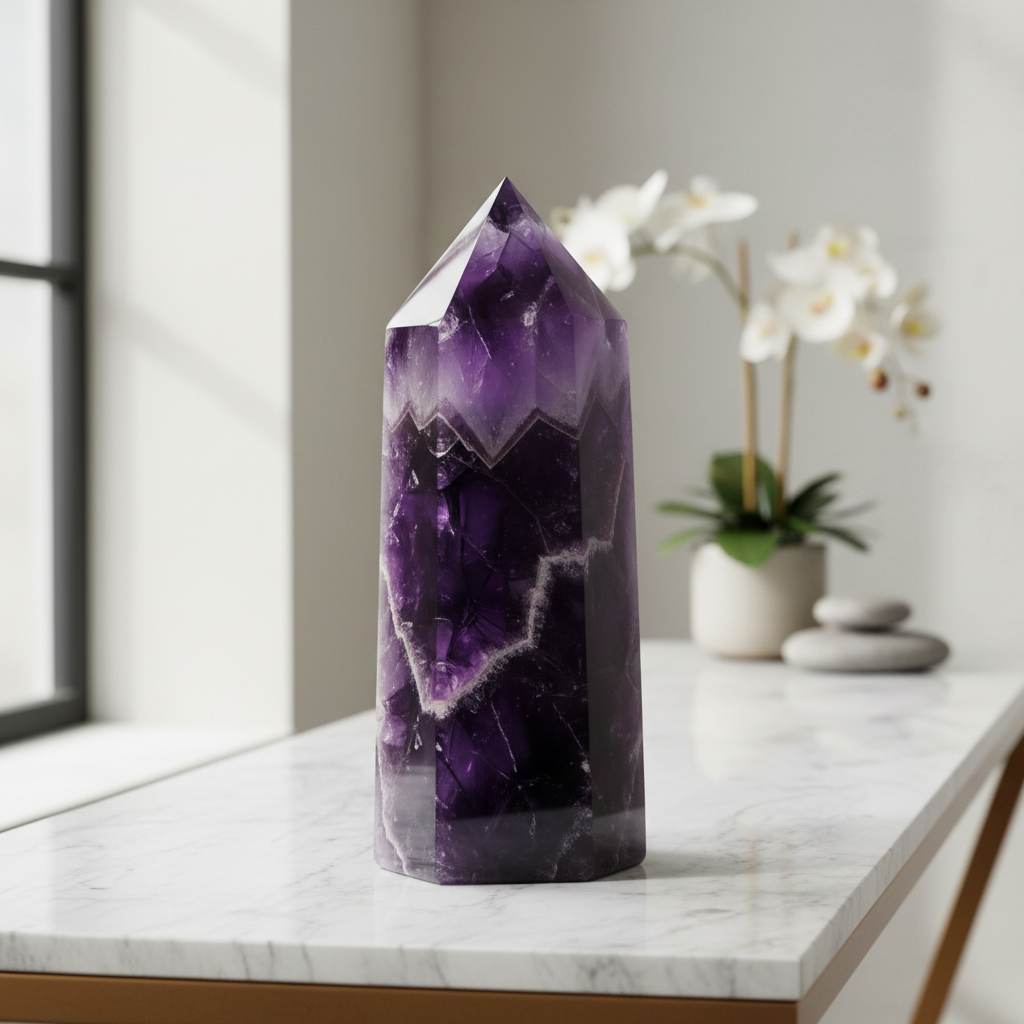 Suggested alt text: Large amethyst crystal generator displayed as a home décor statement piece on a marble surface