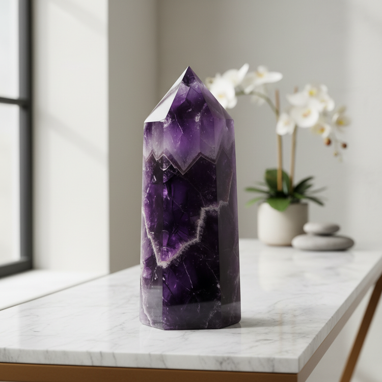 Suggested alt text: Large amethyst crystal generator displayed as a home décor statement piece on a marble surface