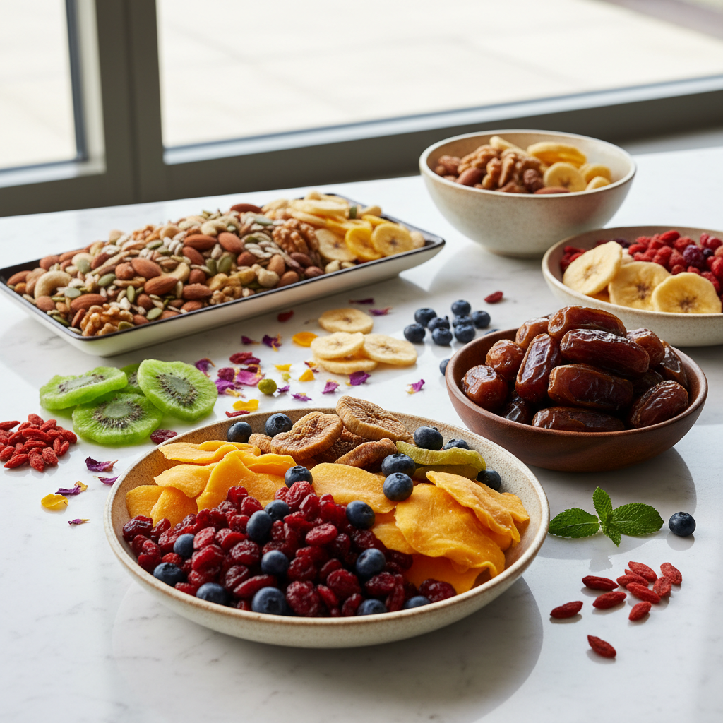 Assorted dried fruits and nuts including dates, mango, cranberries, blueberries, kiwi, banana, goji berries, and mixed nuts arranged in bowls on white surface with natural light