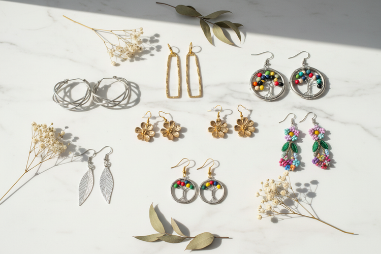 Handcrafted boho earrings on white marble — silver hoops, gold hammered drops, tree of life beaded earrings, flower earrings, silver leaf dangles, and multicolor floral drops — artisan earrings for women
