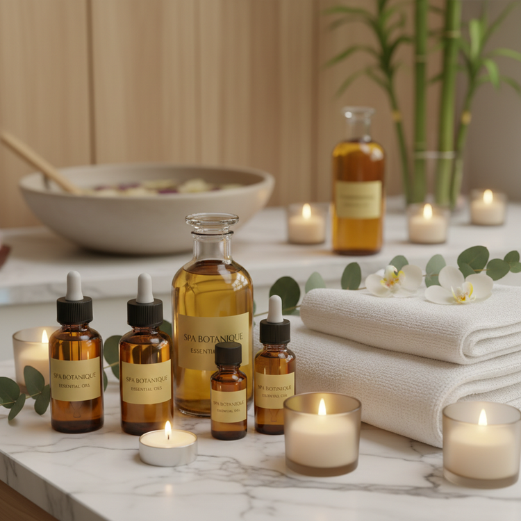 Spa Botanique essential oil bottles with droppers on marble surface with candles, white towels, eucalyptus, and orchids in serene spa setting