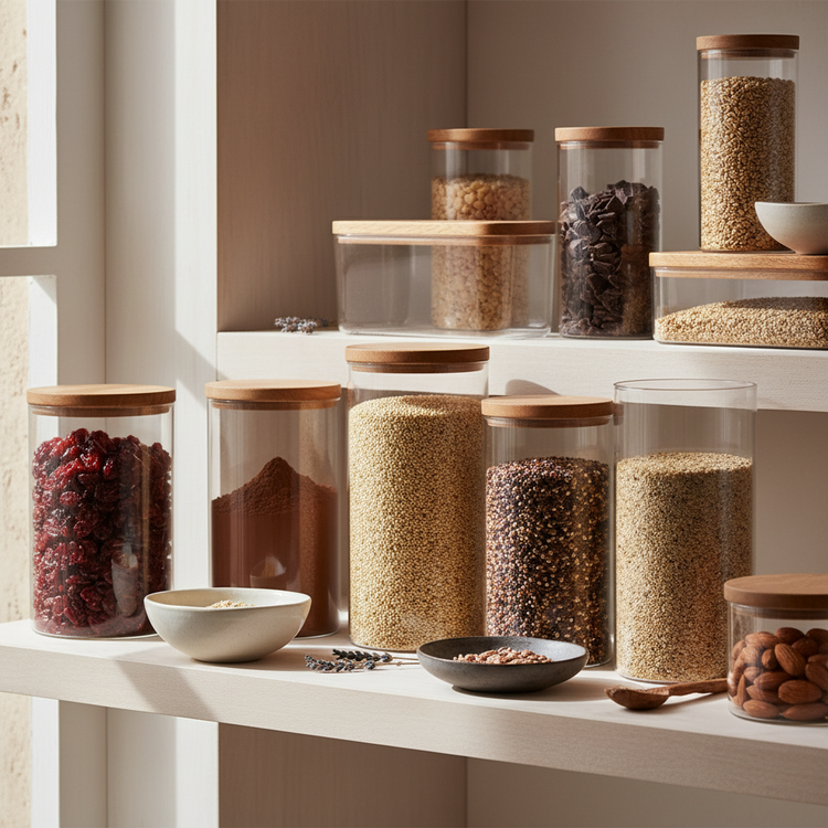 Glass storage jars with wood lids filled with quinoa, coffee beans, dried fruits, nuts, and grains on modern white shelving with natural light