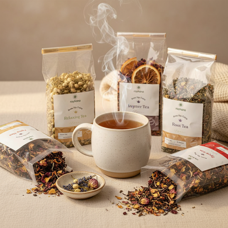 loose leaf tea collection with Relaxing Tea, Hygmer Tea, and Root Tea pouches, steaming cup, and dried botanicals with citrus and flowers