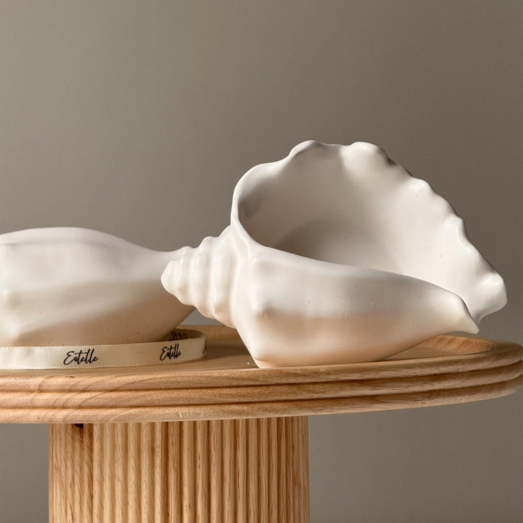 White clam shell shaped candle on natural wood pedestal