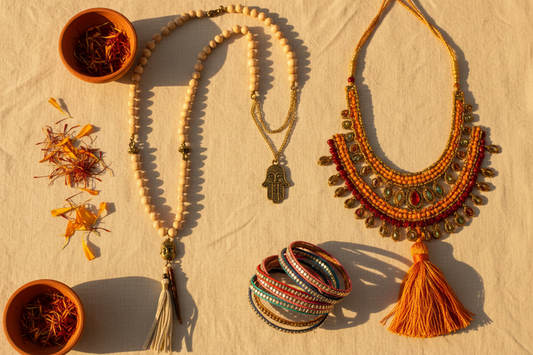 Handmade Indian jewelry on warm linen with marigolds — hamsa Buddha charm necklace, wooden bead mala with tassel, layered boho necklace, colorful beaded wrap bracelets, saffron gold layered statement necklace — artisan jewelry from India