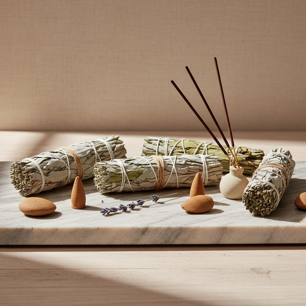 White sage smudge sticks with incense sticks in holder and cone incense on natural wood surface with lavender sprigs