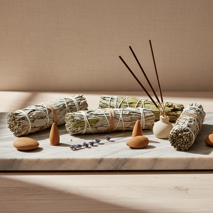 White sage smudge sticks with incense sticks in holder and cone incense on natural wood surface with lavender sprigs