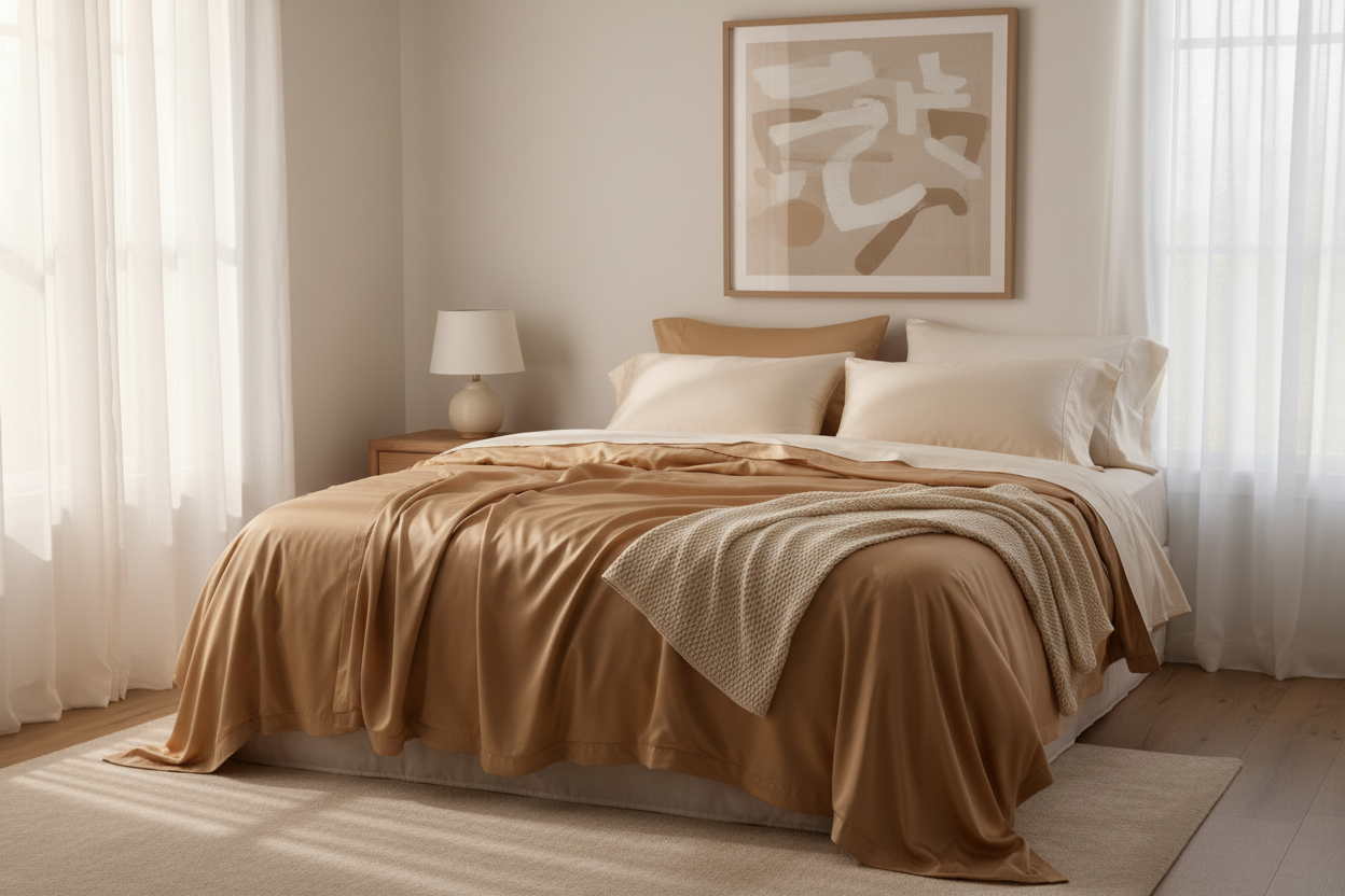 Silky bamboo sateen sheets draped over a beautifully made bed in warm oat tones, soft morning light filtering through sheer curtains