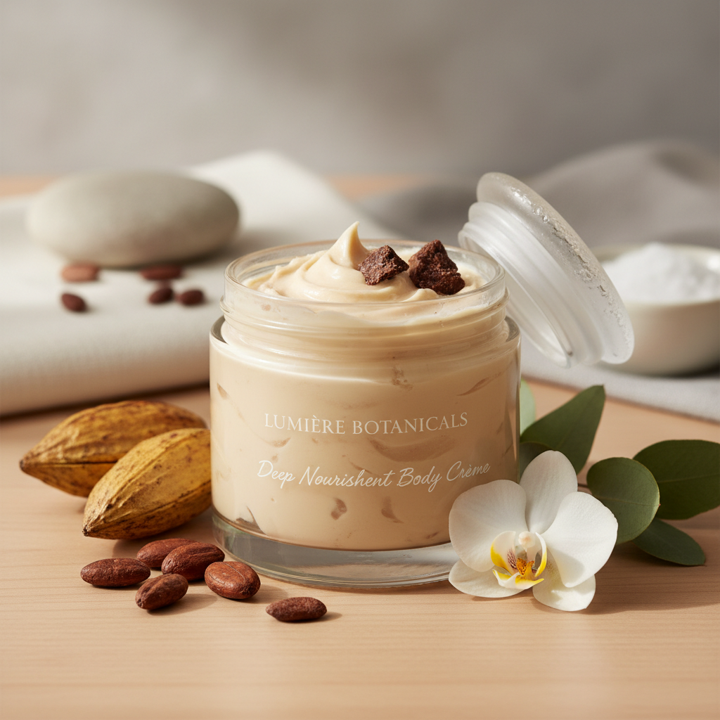 Deep Nourishment Body Creme jar with cocoa butter chunks, cacao pods, and white orchid on natural wood surface