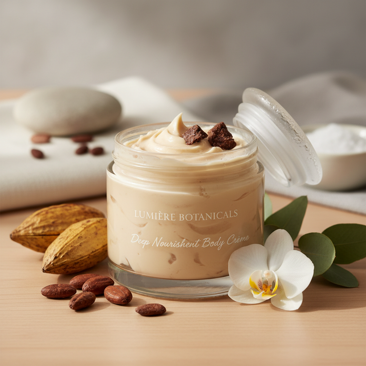 Deep Nourishment Body Creme jar with cocoa butter chunks, cacao pods, and white orchid on natural wood surface