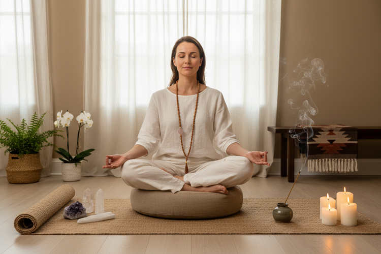 Woman meditating in lotus pose on cushion with mala beads, yoga mat, crystals, incense, and candles in serene home meditation space