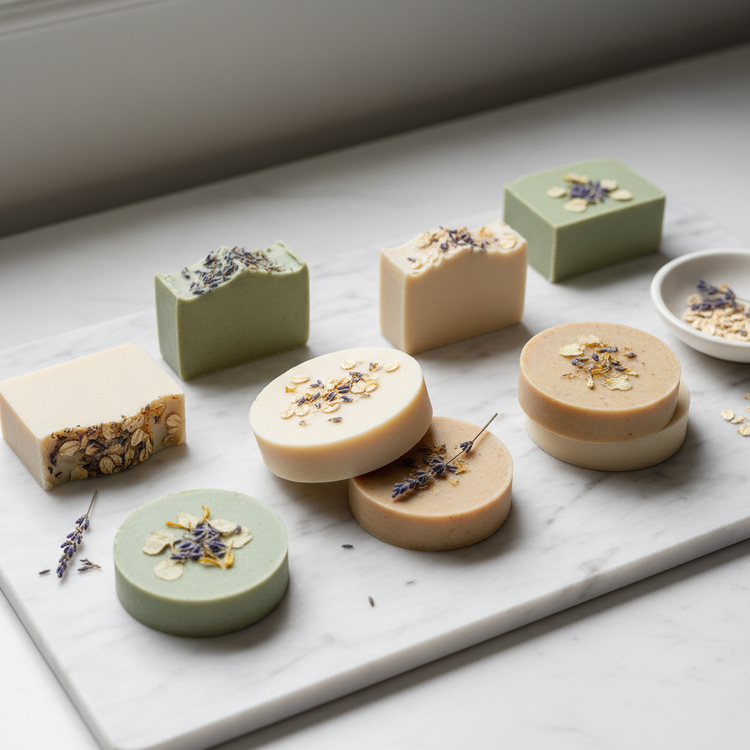 Handmade natural soap bars in sage green and cream topped with lavender and oats on white marble tray