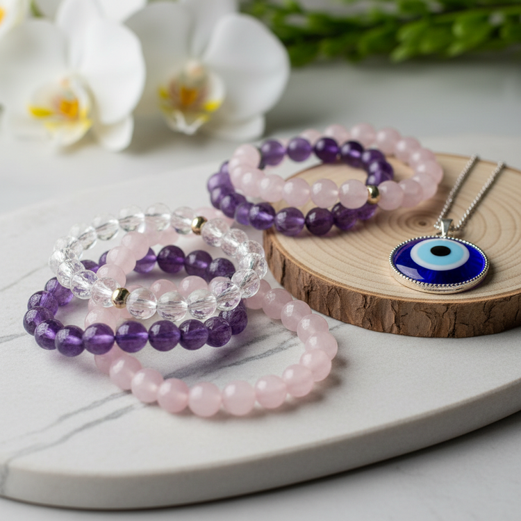 Crystal healing bracelets with amethyst, rose quartz, and clear quartz beads alongside evil eye protection necklace on wood display with white orchids