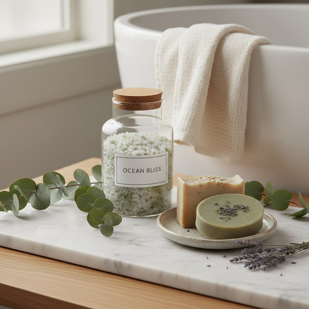 Natural bath essentials including bath salts, artisan soap bars, soft towel, and eucalyptus sprigs in spa setting