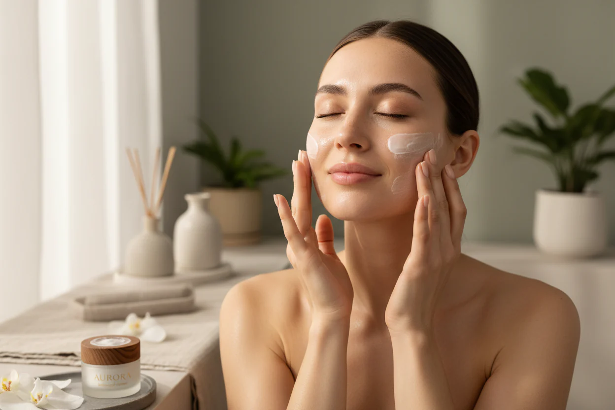 Woman gently applying facial moisturizer in peaceful spa setting