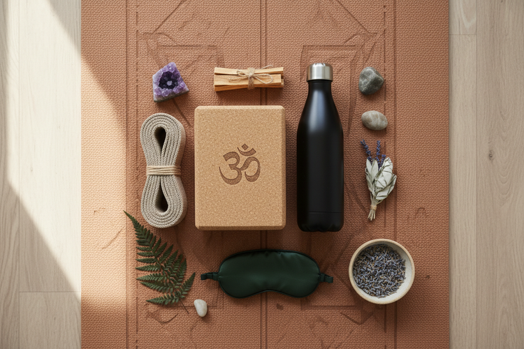Premium yoga mat with accessories including blocks, straps, and meditation tools on studio floor