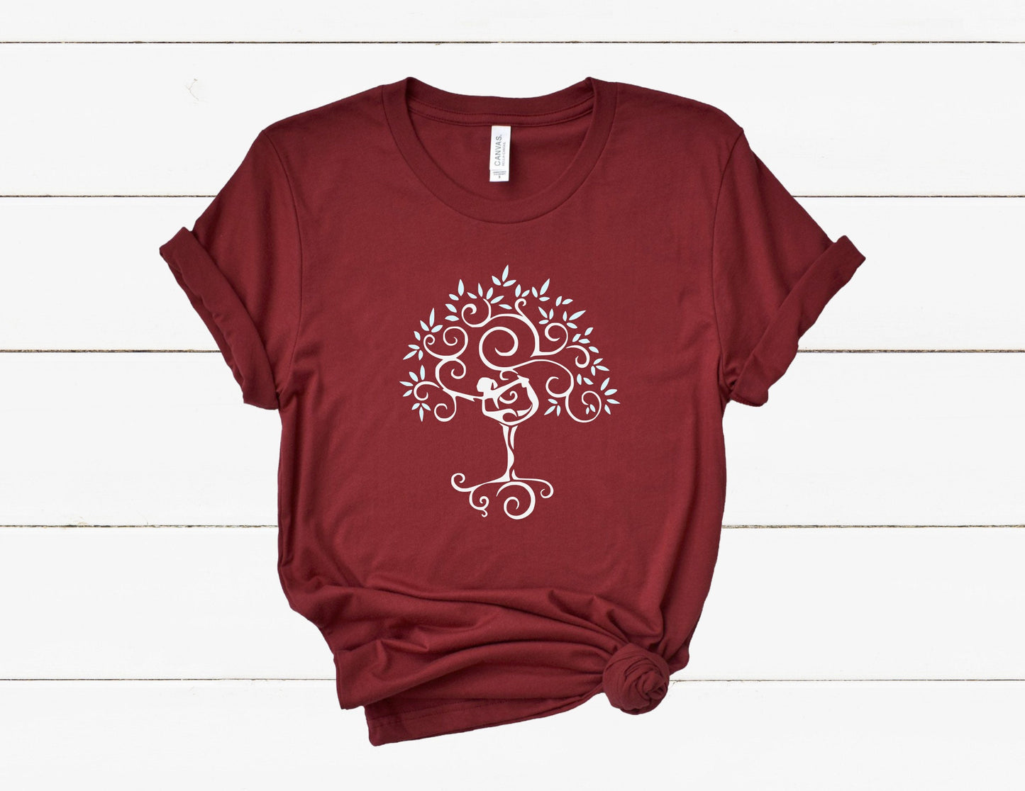 Yoga Tree of Life t-shirt close-up showing detailed graphic and soft fabric in cardinal red