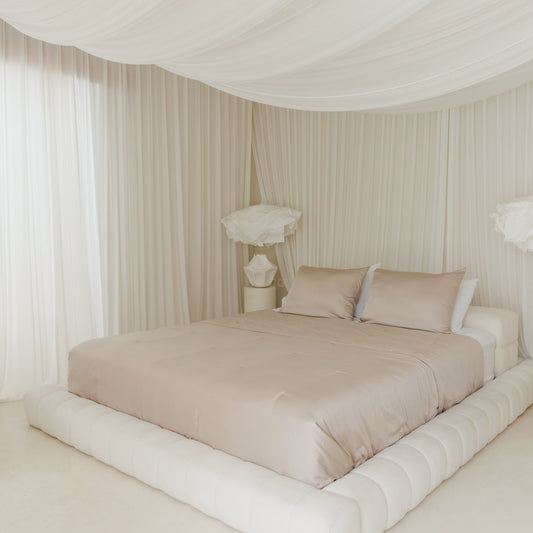 Double cocoon silk-filled quilt in Oatmeal — luxury bedding gift for her
