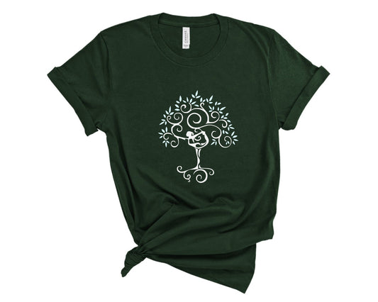 Yoga Tree of Life t-shirt in soft breathable fabric for studio and everyday wear in dark green