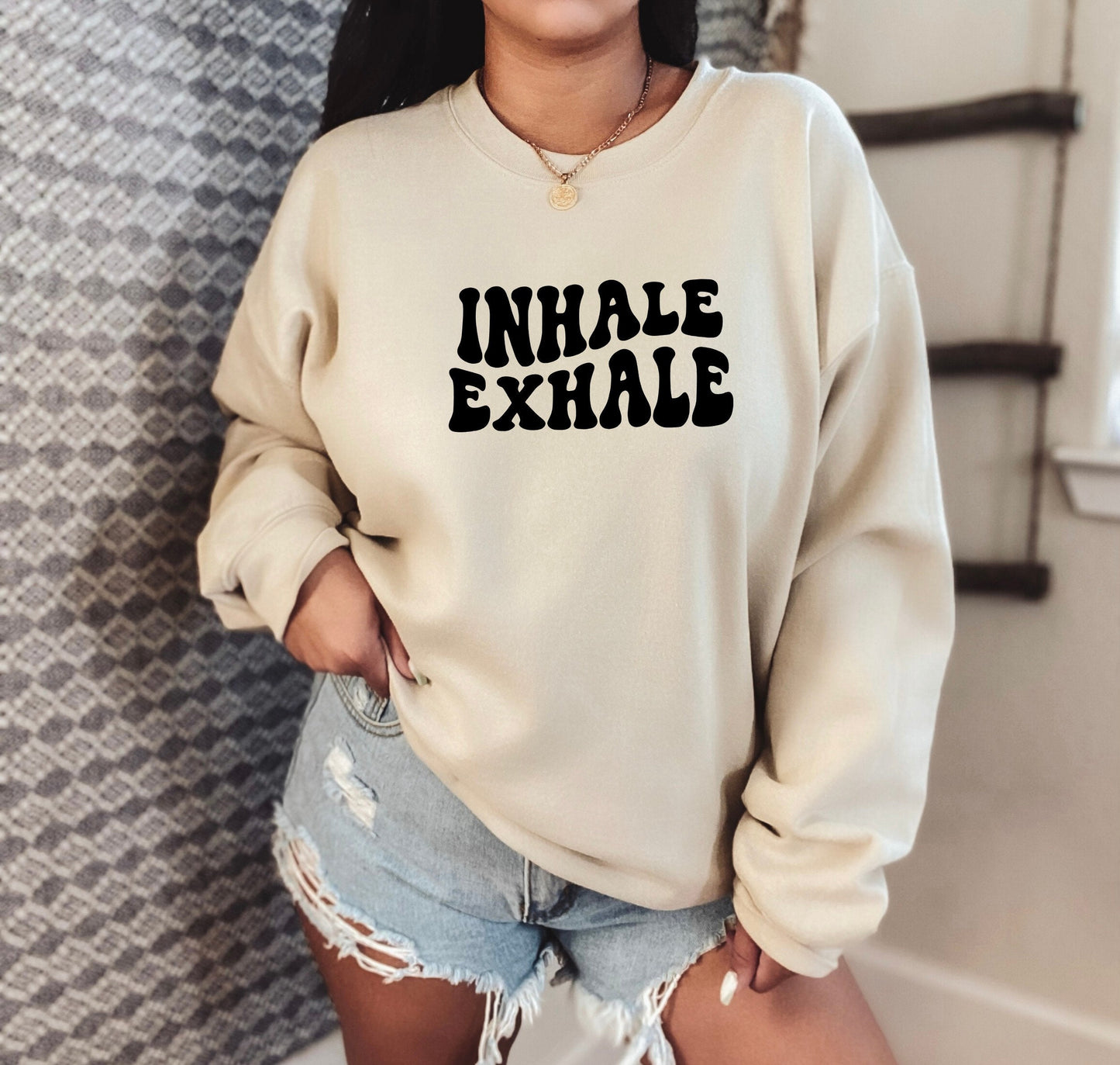 Inhale Exhale yoga sweatshirt in soft cozy fleece for studio and everyday wear in beige
