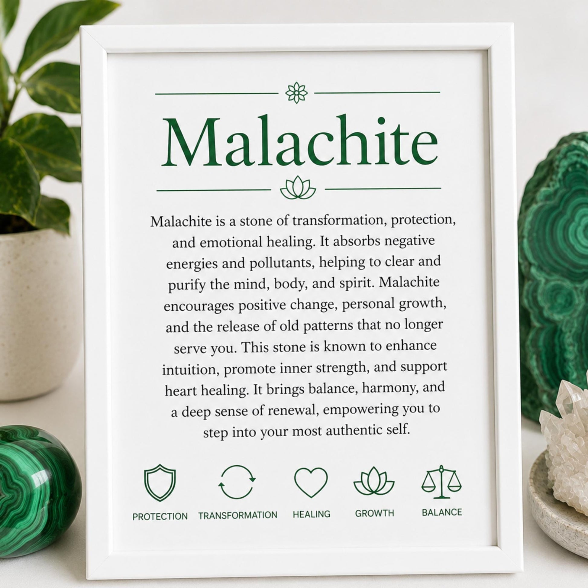properties card for Raw Malachite healing bracelet — deep green gemstone chips for transformation, courage, and Heart Chakra energy
