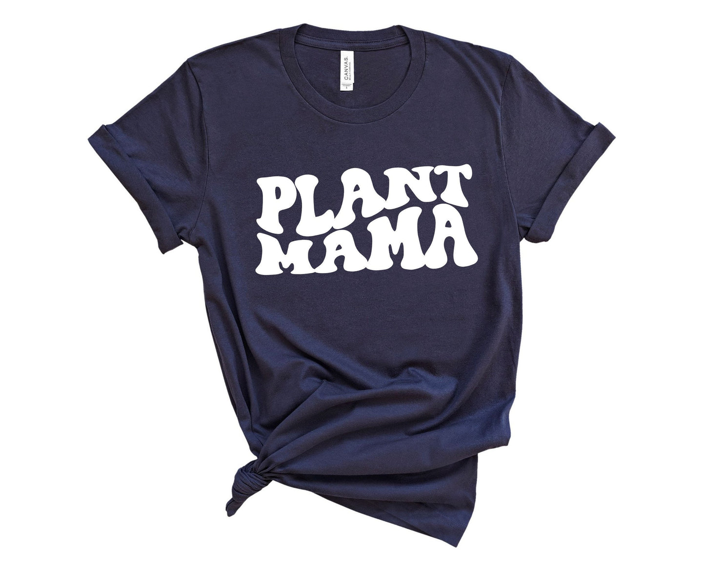 Women's funny plant lover t-shirt with witty "Plant Mama" graphic print in navy blue