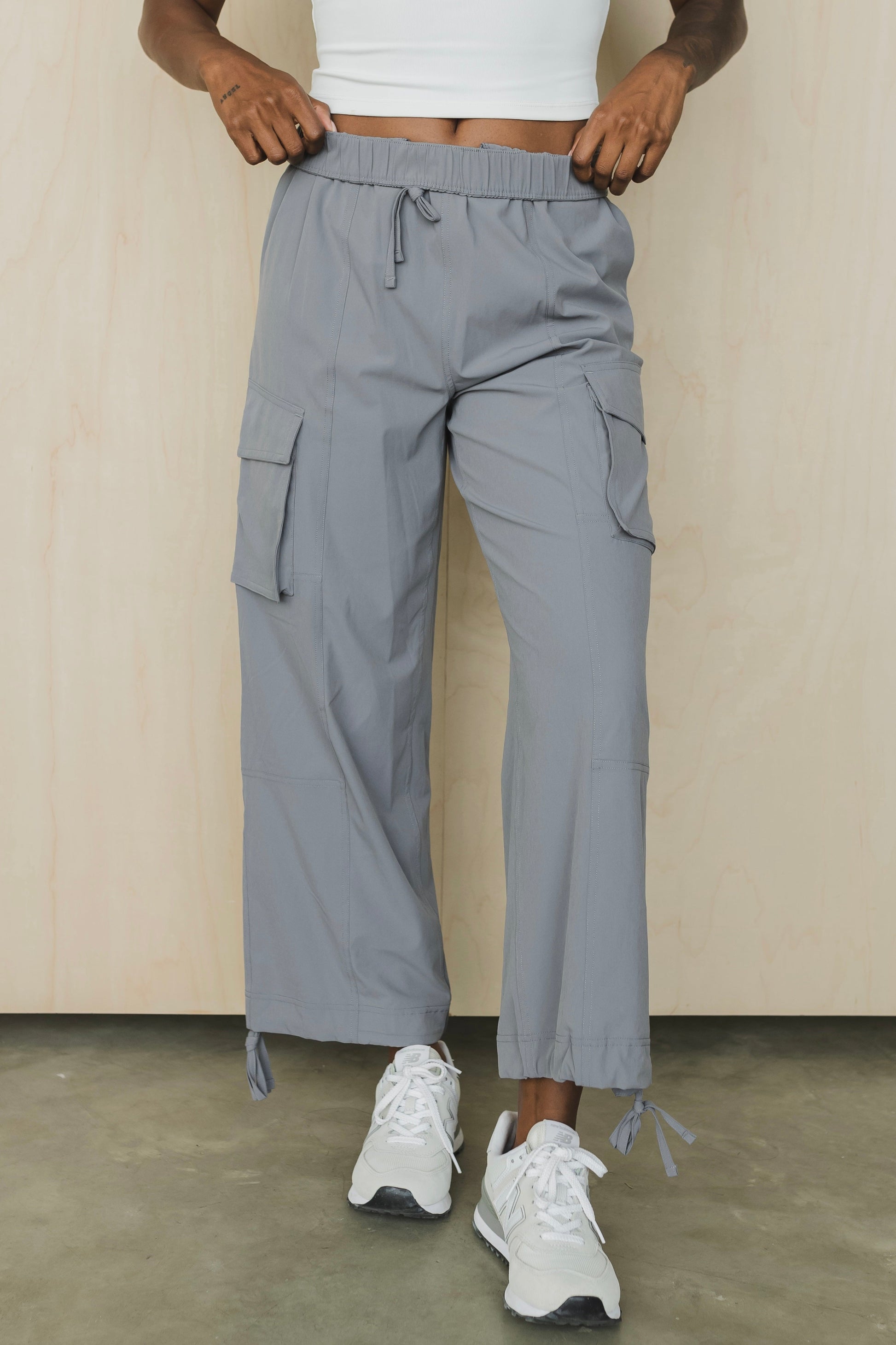 front view of a woman wearing cargo pant in grey for streetwear and casual everyday wear