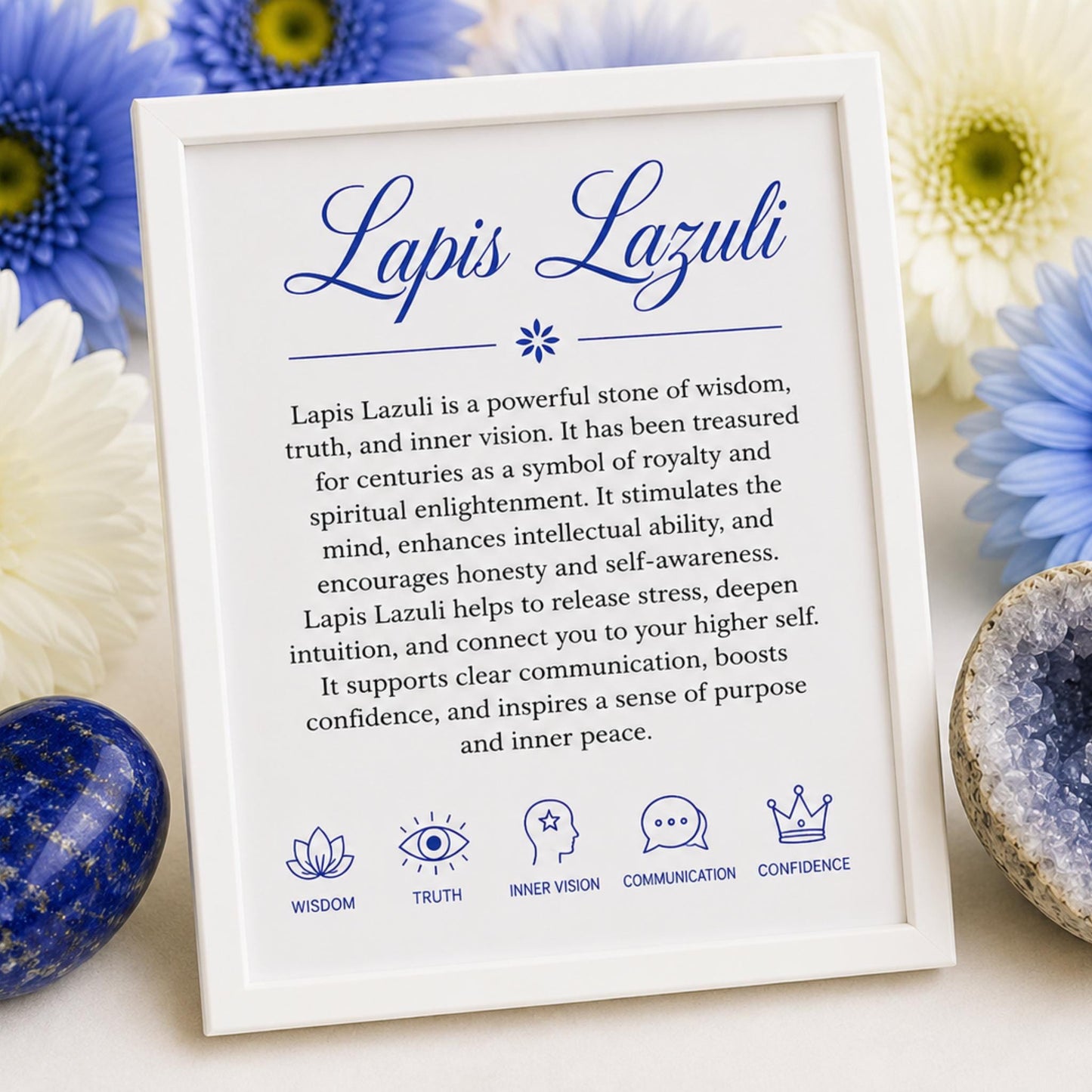 properties card for Lapis Lazuli healing bracelet — deep blue gemstone chips for intuition, inner wisdom, and Third Eye Chakra energy