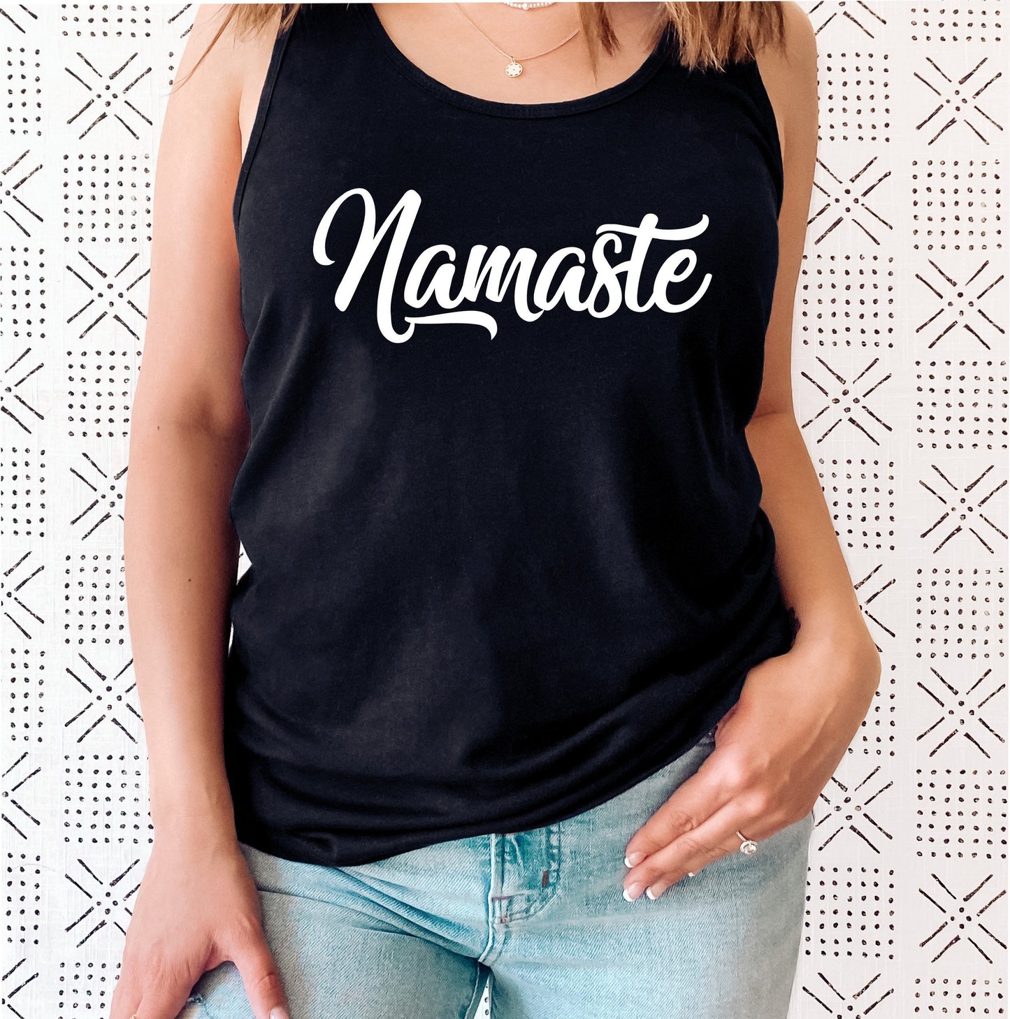 Spiritual women's yoga tank top for studio, meditation and mindful daily living in black